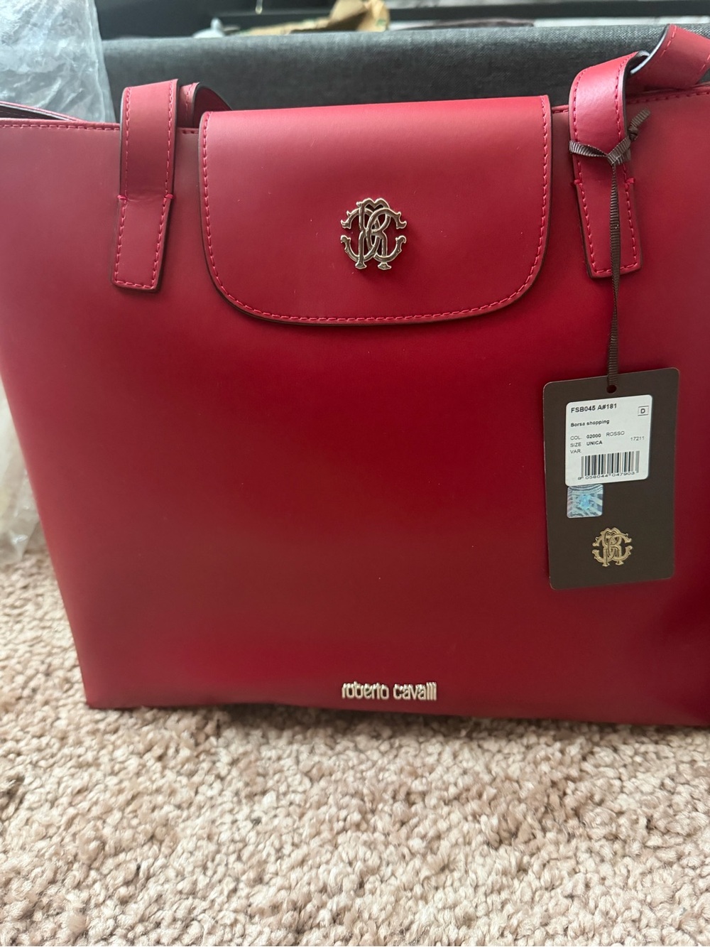 Roberto Cavalli Red Smooth Leather Tote with Gold Logo
